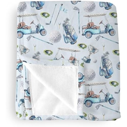 Baby Boys Blankets Golf Gear Sport, Watercolor Blue Ball Glove Car Stick Soft Lightweight Nursery Receiving Swaddle, Flannel Newborn Infant Toddler Crib Bedding Kids Gift 40 x 50 in