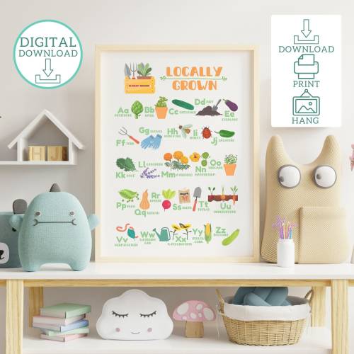 Locally Grown Garden Alphabet Printable, Garden ABC Digital Download, Gardening A-Z Printable Art, Printable Alphabet Classroom Wall Art