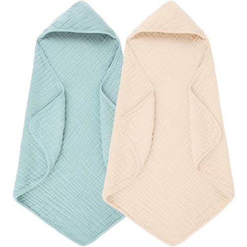 Hooded Baby Bath Towels 100% Muslin Cotton Baby Bath Towel for Infant, Toddler and Kids,Soft and Absorbent ， 32x32Inch 2 Pieces Green & Beige