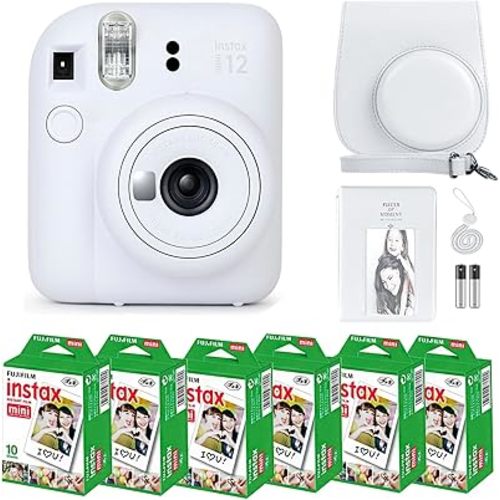 Fujifilm Instax Mini 12 Camera with Fujifilm Instant Mini Film (60 Sheets) Bundle with Deals Number One Accessories Including Carrying Case, Photo Album, Stickers (Clay White)