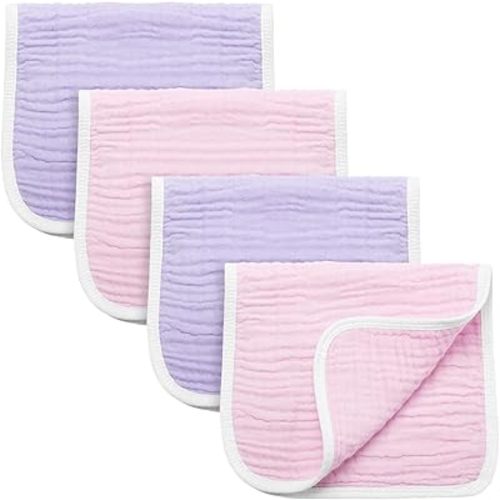 Synrroe Burp Cloths Large, Muslin Burp Cloths for Baby Girls, Pack of 4 Extra Absorbent and Soft Muslin Bibs, 6 Layers 20 by 10 Inches 100% Cotton (Pink-Purple 4 Pack)