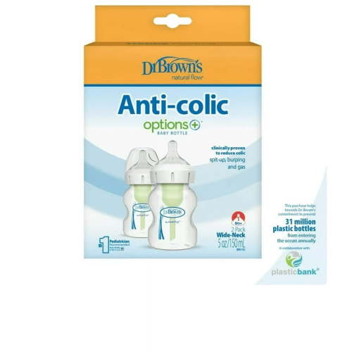 Dr. Brown's Natural Flow Anti-Colic Options+ Wide-Neck Baby Bottle, 5 oz/150 mL, Level 1 Nipple, 2-Pack, 0m+