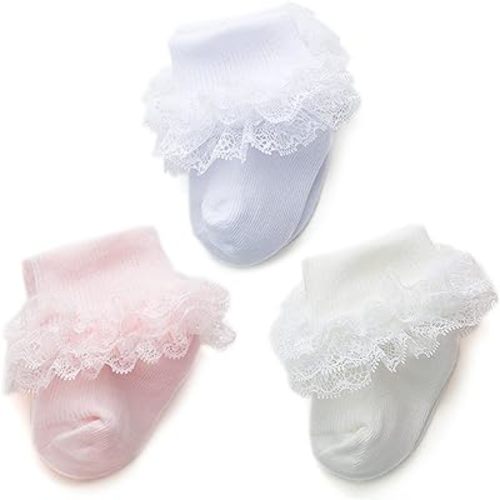 Baby Girl Lace Ruffle Socks - 3 Pairs Turn Cuff Ankle Dress Socks for Infant