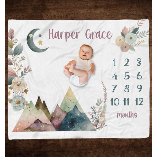 BOHO MOUNTAIN PERSONALIZED Baby Girl Milestone Blanket, Floral Mountains Blanket, Baby Growth Blanket Mountains Moon Stars, Baby Shower Gift