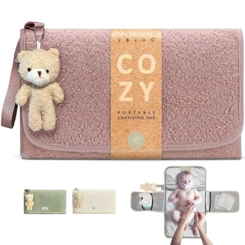 J&Joo Portable Diaper Changing Pad - Ultra Soft, Extra Padded, Waterproof Baby Changer Travel Essential, EZ Access Mesh Pockets, Gift for Baby Shower, Newborn Girls and Boys, 0-12 Months