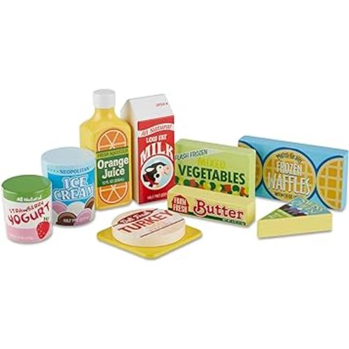 Melissa & Doug Fridge Food Wooden Play Food Set (9 pcs) - Pretend Play Kitchen Accessories, Play Food Sets For Kids Kitchen, Wooden Play Grocery Sets For Kids Ages 3+