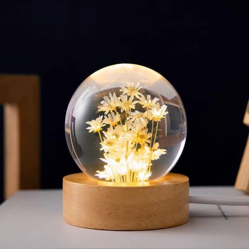 2.4 inch Yellow Daisy Crystal Glass Ball Night Light Decor Lamp with Woodern Base,Decorations Gifts for Men,Women,Kids,Boys,Girls,Teens