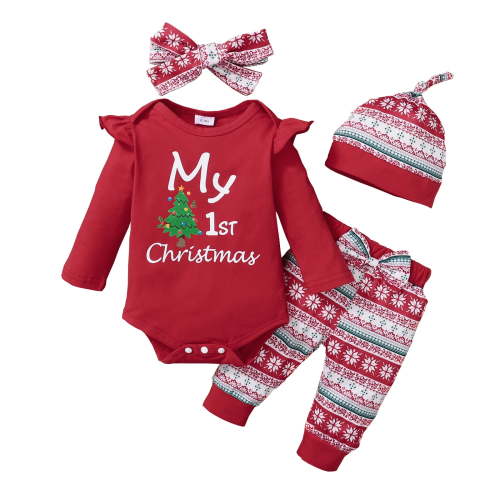 KIMI BEAR Newborn Baby Girl Pant Sets 0-3 Months Flying Long Sleeves Romper Top Bowknot Pants with Hat and Headband 4PCS Christmas Sets Red