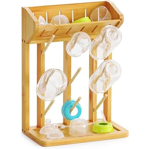 SpaceAid Bamboo Baby Bottle Drying Rack, Space Saving Kitchen Bottles Holder Organizer for Baby Bottle Rack Dryer Storage Accessories (Natural, 9 Bottles)
