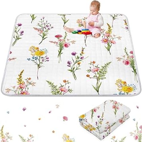 Wesiti Wildflower Portable Baby Play Mat 50 x 50 Washable Foldable Crawling Mat Non Slip Cushioned Kids Playmats Pad for Floor Playpen Toddler Infants Tummy Time Activity