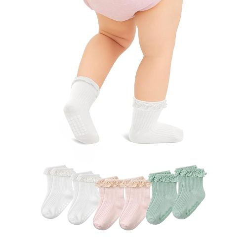 Zando Toddler Girls Non-Slip Ruffle Socks with Grippers Soft Cotton Seamless Ankle Socks for Baby Girls 0-5T