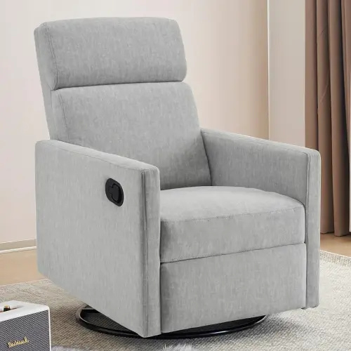 Swivel Rocking Recliner Chair for Adults, Rocker Nursery Glider Chair for Living Room, Upholstered Fabric Reclining Single Sofa Chair (Light Grey)