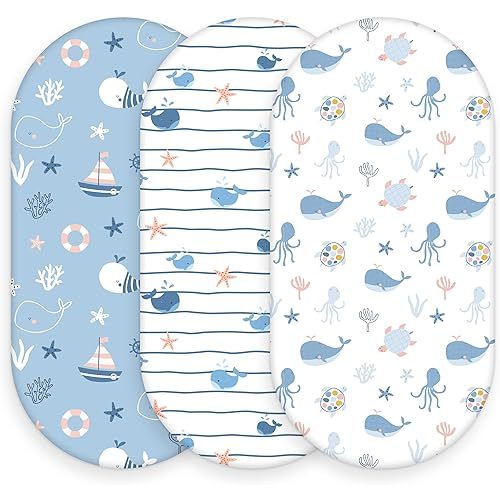 Baby Bassinet Sheets, 3 Pack Fitted Bassinet Mattress Sheets, Compatible with Halo Bassinest Swivel Sleeper & Oval Hourglass Rectangle Mattress, Ultra Soft Blue Ocean Whale