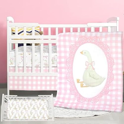 Hahafelt 3 Pcs Baby Crib Bedding Set Silly Goose Baby Crib Sets Goose Nursery Decor Includes Quilt, Fitted Sheet, Skirt for Girl(Pink)