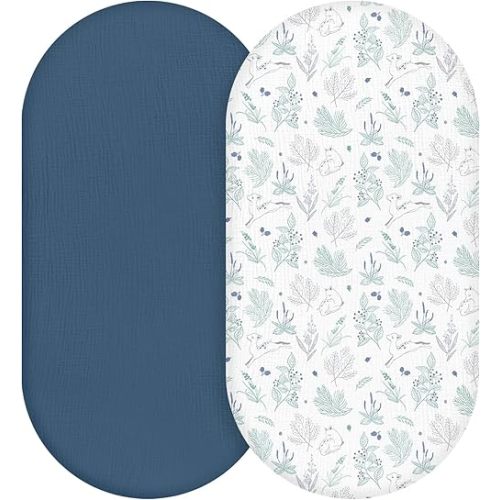 Muslin Bassinet Fitted Sheets, 2 Pack for Baby Boy and Girl, Soft Breathable Baby Pad/Mattress Sheet, Fit for Hourglass Oval and Rectangle Bassinet Mattress (Blue Deer)
