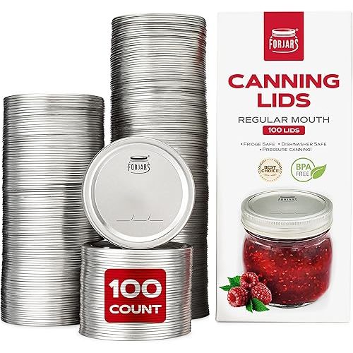 FORJARS - Canning Lids Regular Mouth, 100-Pack – Create Airtight Seals on Mason Jars to Preserve Food for Meal Prep & Food Storage – 2.7 In. Steel Lids with Silicone Seals – Canning Supplies