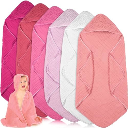 Peryiter 6 Pcs Muslin Hooded Baby Towels,32"x 32" Cotton Newborn Bath Towel Muslin Infant Baby Blankets Absorbent Unisex Newborn Registry Gift for Girls Boys (Pink)