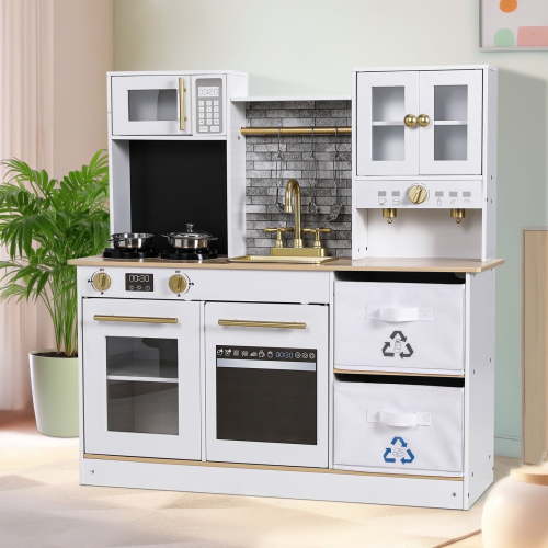 Pirecart Kids Play Kitchen with Lights & Sounds Wooden Pretend Toy Kitchen with Utensils, Sink, Microwave and 2 Fabric Boxes, Gifts for Girls and Boys Age 3+, Gray