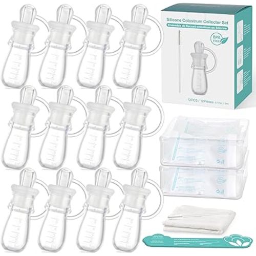 Colostrum Collector Set 5ml-12pcs, Ready-to-Use Pack, Reusable Breast Milk Collector Multi-Use Colostrum Container with Storage Case, Cotton Wipe & Cleaning Brush, BPA Fre