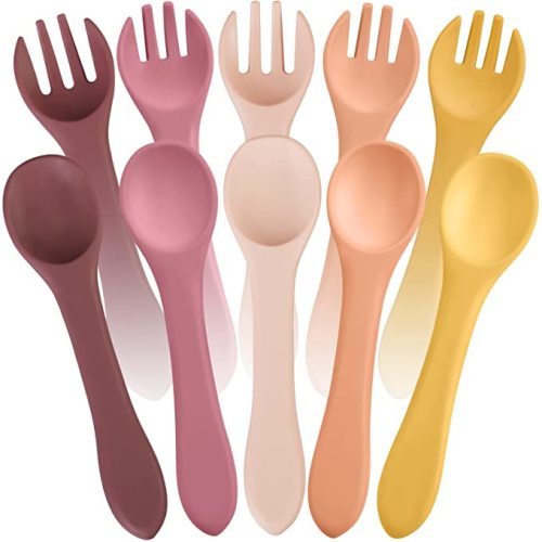10 Pieces Baby Led Weaning Spoons and Forks Set Infant Silicone Spoon First Self Feed Baby training Utensils for Toddler First Stage Feeding Supplies for Kids Over 6 Months, 5 Pairs (Bright Colors)