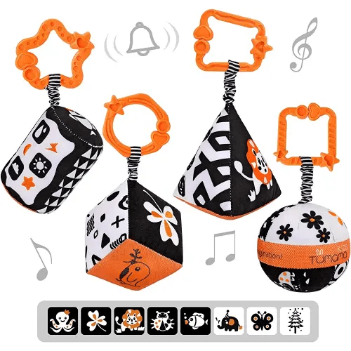 TUMAMA High Contrast Shapes Sets Baby Toys, Black and White Stroller Toy for Car Seat Baby Plush Rattles Rings Hanging Toy for 0 3 6 9 to 12 Months, Newborn,Toddlers,Infants (4 Packs)