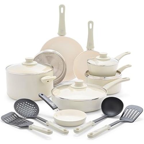 GreenLife Soft Grip 16 Piece Cookware Set, Non-Toxic PFAS-Free Ceramic Nonstick, Frying, Sauce, Saute, Utensils, Glass Lids, Stay-Cool Handles, Wobble Free, Dishwasher & Oven Safe, Cream
