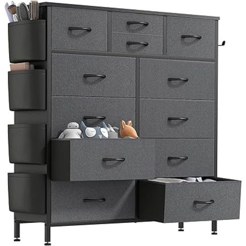 Lulive Dresser for Bedroom with 12 Drawers, Tall Dresser Chest of Drawers with Side Pockets and Hooks, Fabric Dresser Storage Tower for Closet, Hallway, Living Room (Dark Grey)