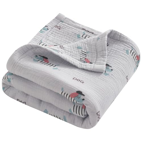 NTBAY 4 Layer Muslin Cotton Toddler Blanket, 42x60 Soft and Breathable Receiving for Newborns and Infants, Perfect for Crib, Stroller, Travel, Lightweight Nursery Blanket, Striped Dog