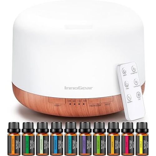 InnoGear Aromatherapy Diffuser & 10 Essential Oils Set, 500ml Essential Oil Diffuser with Remote Control Ultrasonic Cool Mist Scent Humidifier Vaporizer Auto-Off Timer for Room Office Home, Yellow