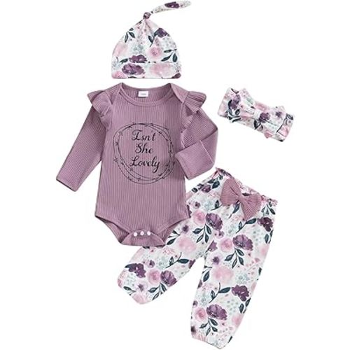 Twopumpkin Newborn Baby Girl Clothes Outfits Rib Knit Bodysuit Romper Floral Pants Headband Hat Coming Home Outfit