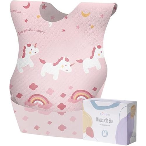 SUNVENO Disposable Baby Bibs with Crumb Catcher Pocket, Leakproof Liner, Adjustable Adhesive Tabs, Individually Wrapped
