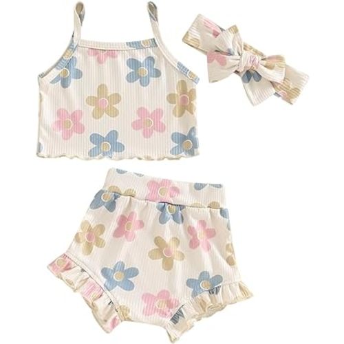 Infant Baby Girl Clothes Floral Sleeveless Tank Tops Ruffle Elastic Waist Shorts Set Toddler Newborn Summer