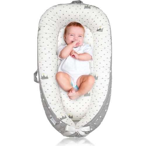 Baby Lounger for Newborn Cover - Newborn Lounger for 0-12 Months, Breathable & Portable Infant Lounger - Adjustable Cotton Soft Baby Floor Seat for Travel, Newborn Essentials -Crown