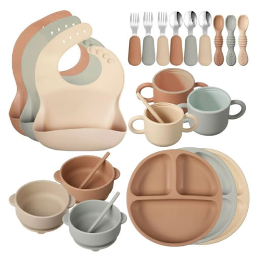24 Pack Silicone Baby Feeding Set Baby LED Weaning Supplies Includes Suction Divided Plates Soft Bowl Spoons Forks Adjustable Bib Snack Cup and Straws(Walnut Color, Beige, Smoky Gray)