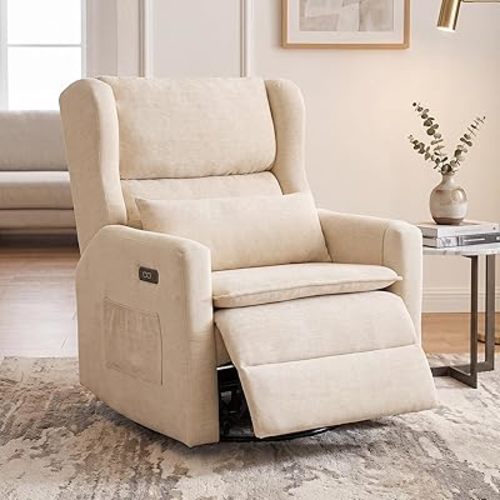 Power Recliner Chair Swivel Glider,Oversized Nursery Chair Recliner with Lumbar Support, Upholstered Swivel Rocker Recliner Chair, Glider Nursery Chair with Adjustable Headrest, Beige
