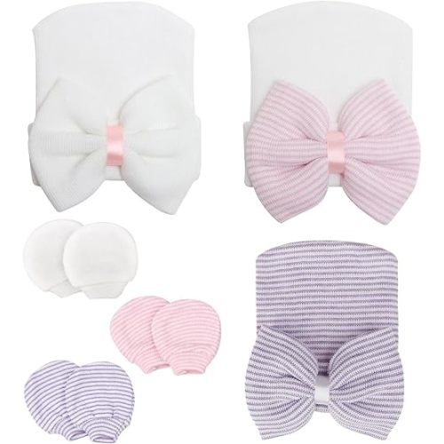 Newborn Baby Girl Hats with Bow No Scratch Cotton Toddler Infant Beanie Caps Soft Newborn Hospital Hat 0-3 Months