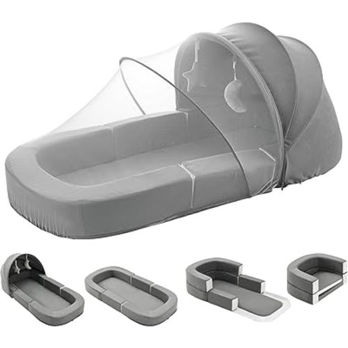 Todldler Baby Travel Bassinet Bed & Chair, Fold Out Sofa Couch Lounger with 2-1 Mosquito & Canopy, Foldable Portable Travel Cot with Foam Raised Safety Bumpers for Infant Toddlers 0-36 Months (Grey)