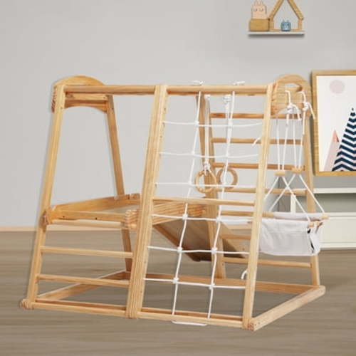 Fionafurn 8-in-1 Wood Indoor Playground Kids Gym Toy, Jungle Gym Playset, Natural