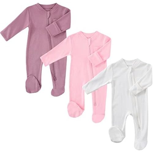 Baby 2 Way Zipper Girls Boys 100% Cotton Footed Sleep and Play with Mitten Cuffs 0-12 Months
