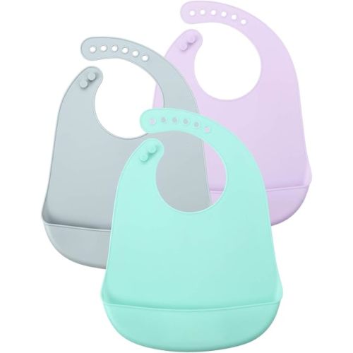 PandaEar Cute Super Thin Light Weight Unisex Silicone Baby Bibs Waterproof (Blue/Purple/Grey)