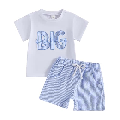 Partclots Toddler Infant Baby Boy Summer Outfit Letter Short Sleeve Elastic Stripes Shorts Brothers T-shirt 2Pcs Set