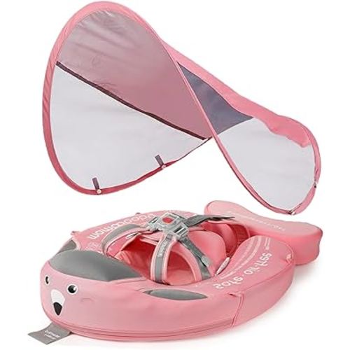 Mambobaby Float with Canopy Baby Swimming Float Non Inflatable Baby Pool Float with Upgraded Tail Removable Sun Canopy UPF 50+ for Toddler Infant 3-24 Months No Flip Over, Pink