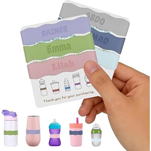 3 Pack Personalized Water Bottle Name Bands, Custom Silicone Baby Bottle Labels for Daycare Reusable, Laser Engraving Bottle Name Tags, Customized Kids Cups Grip Straps Waterproof