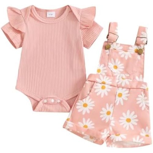 Rtnnsbbfcm Newborn Baby Girl Clothes Summer Outfit Short Sleeve Ribbed Romper Floral Suspender Overalls Shorts Set