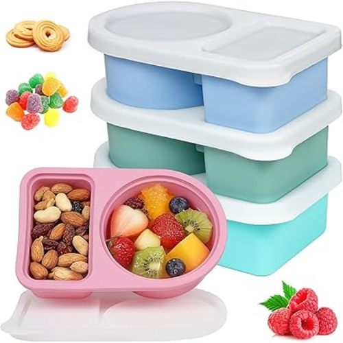 2/4/6 Pack 8 oz Silicone Snack Container with Lids, 2 Compartment Reusable Snack Containers for Picnic, Food Storage Box For Snacks, Fruits (4Pack-A)