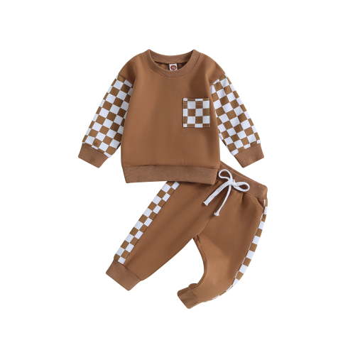 Toddler Boys Fall Outfits Checkerboard Patchwork Crew Neck Long Sleeve Sweatshirts and Elastic Waist Long Pants 2Pcs Clothes Set