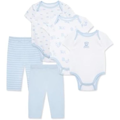Little Me Clothes for Baby Boys' and Girls' 100% Organic Cotton 5PC Bodysuit and Pant Set, Baby Shower Essentials, NB to 9M