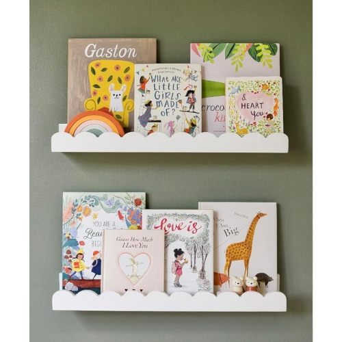 Floating Nursery Book Shelves Wall | Pair of 24in Scalloped White Nursery Book Shelves for Kids Room | Cloud Shelves | Easy to Install Baby Bookshelf for Nursery | Nursery Shelves for Wall