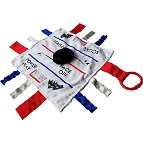 Baby Jack & Co 10x10” Hockey Sports Lovey Sensory Plush Blanket - Tag Toys for Babies - Baby Stroller Toys - Learn Shapes, Letters & Colors - MVP Baby Puck Toy & Baby Sports Gift w/Stroller Clip