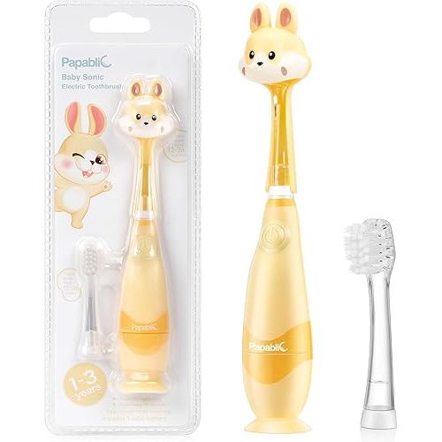 Papablic Toddler Sonic Electric Toothbrush for Ages 1-3 Years, Baby Electric Toothbrush with Cute Rabbit Cover and Smart LED Timer, 2 Brush Heads (Bunny)